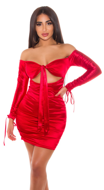 ruffled off-shoulder satijnen jurk rood